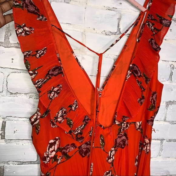 LULUS | Loved By You Red Orange Floral Print Long Pleated Chiffon Maxi Dress - Picture 7 of 13